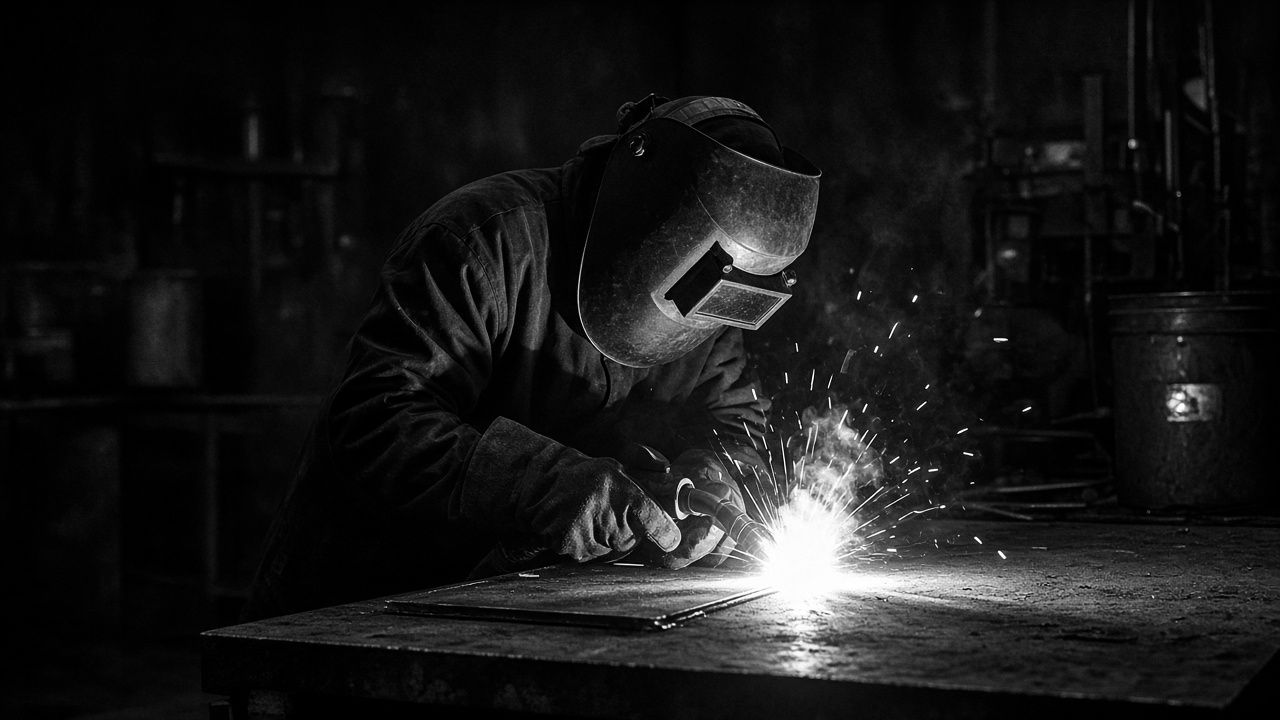 Black and white photo of a welder in a helmet at work, sparks in the dark